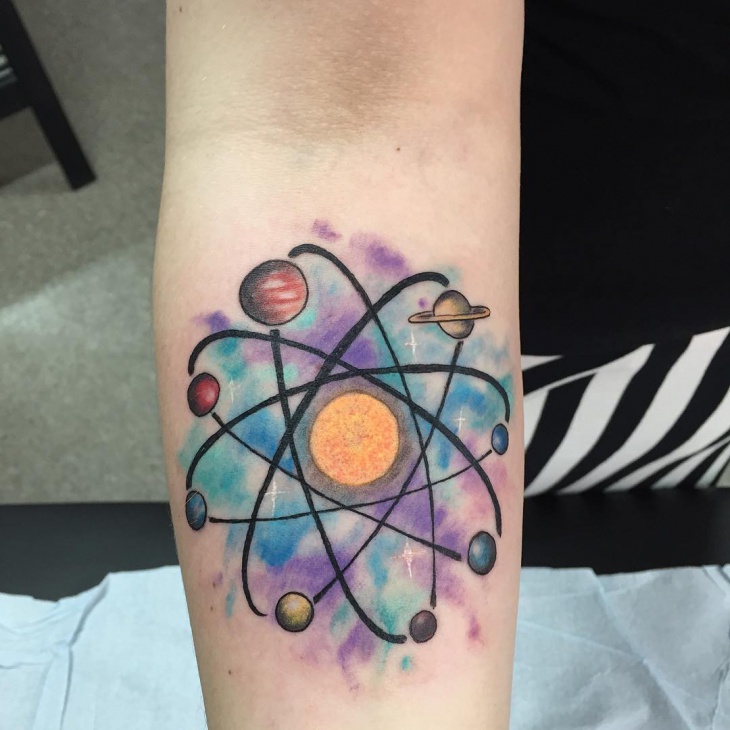Creative Atom Galaxy Science Tattoo On Arm Sleeve