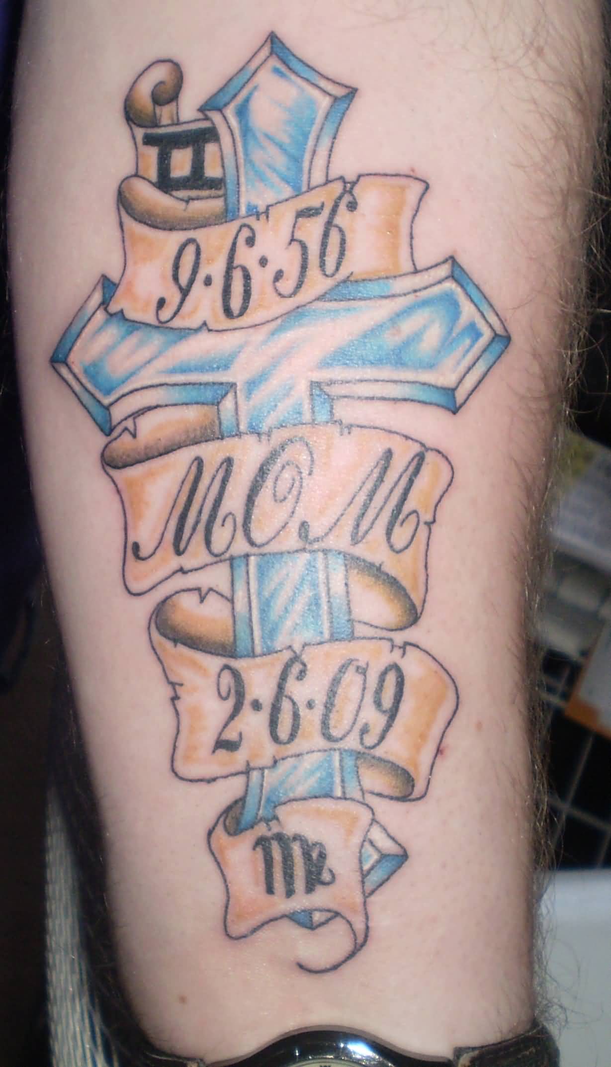 Cross Memorial Tattoo For Mom On Forearm