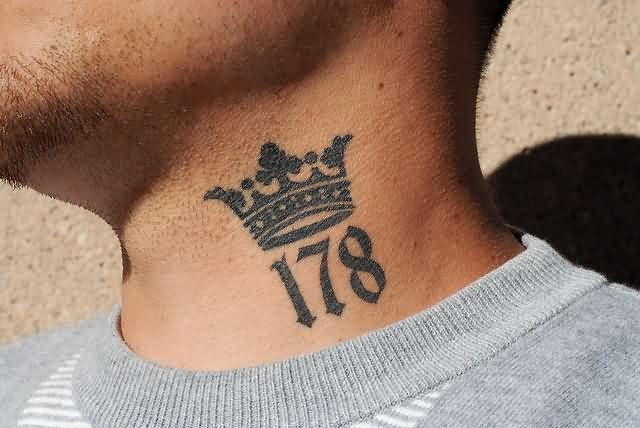 Crown With Number Tattoo On Side Neck