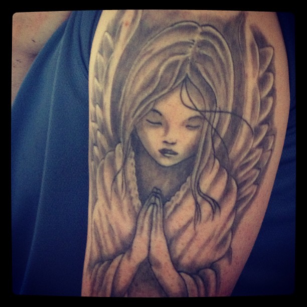 Cute Baby Praying Girl Angel Tattoo On Left Half Sleeve