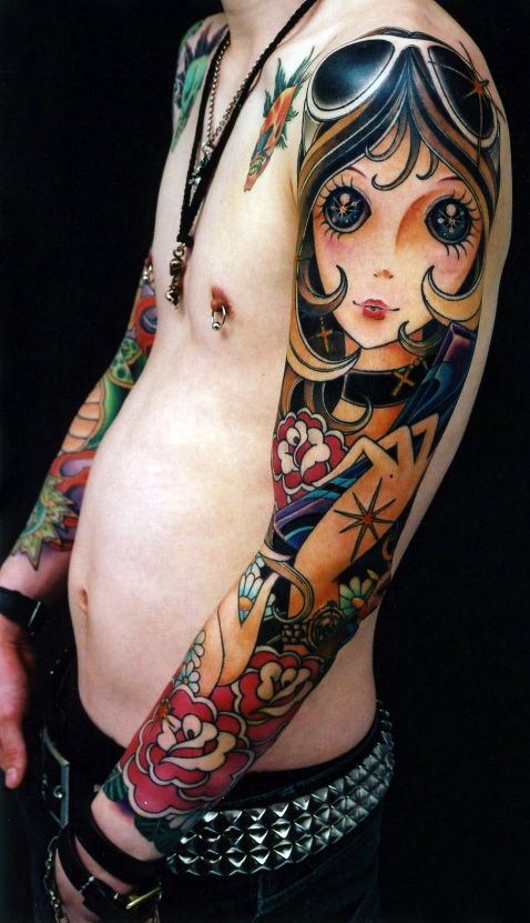Cute Pin Up Girl Tattoo On Left Full Sleeve