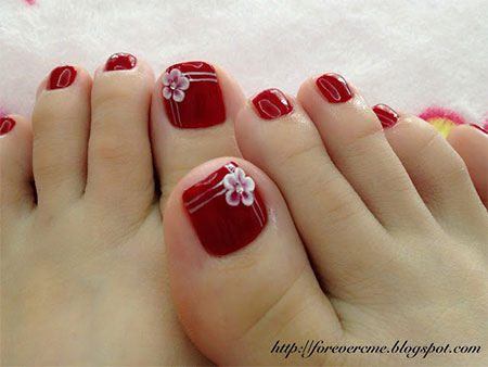 Cute Red Toe Nails With White Flowers Design