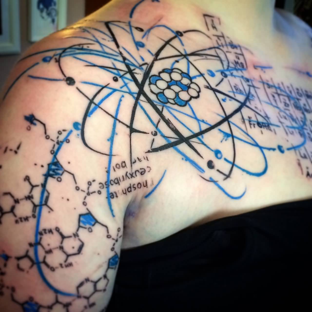 DNA Molecules Atoms And Periodic Science Tattoo On Chest To Half Sleeve By Mpatshi