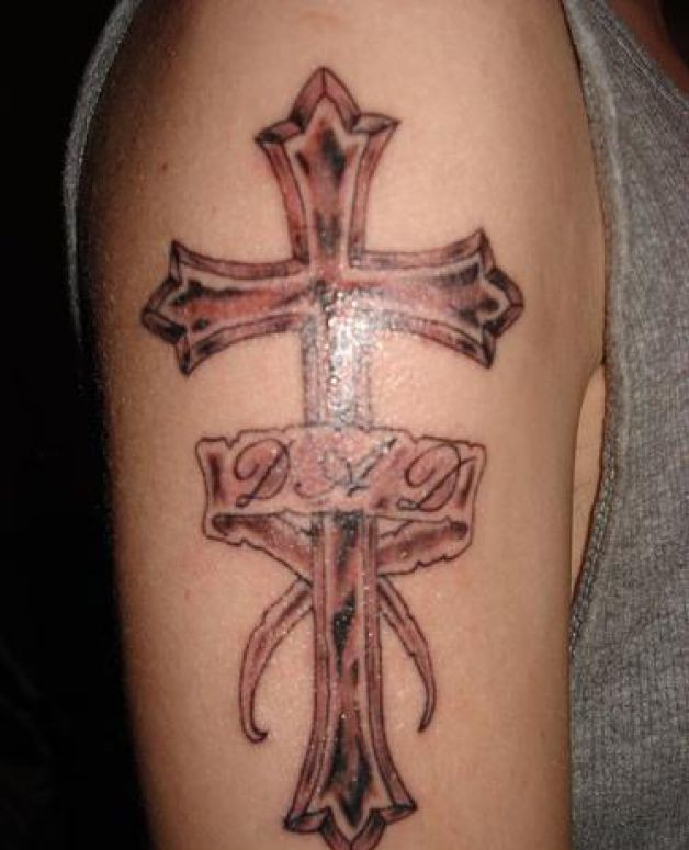 Dad Cross Remembrance Tattoo On Right Half Sleeve