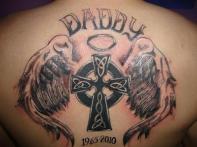 Dad Memorial Tattoo On Upper Back