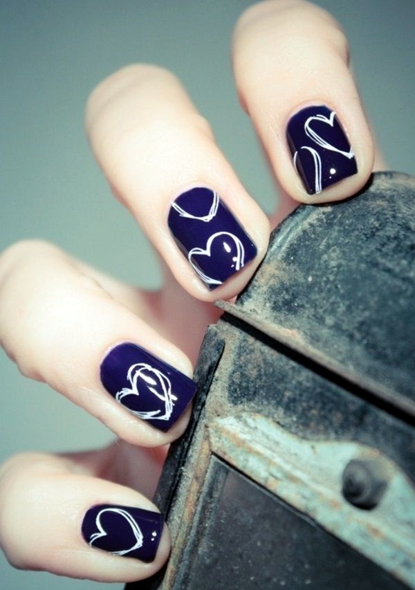 Dark Blue Nails With White Hearts Design Short Nail Art