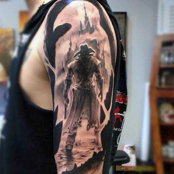 Dark Shaded Horror Western Tattoo On Left Half Sleeve For Men
