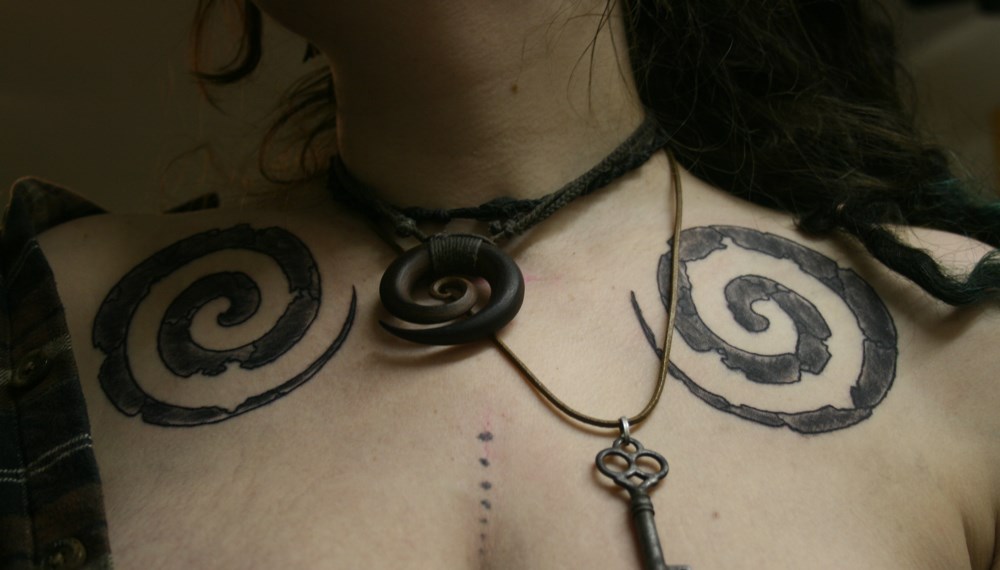 Double Grey Spirals Tattoo On Collarbone For Girls