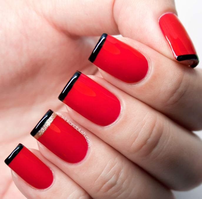 Elegant Red Nails With Black Tip Design Nail Art