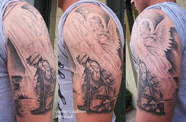 Fabulous Army Soldier Remembrance Tattoo On Left Half Sleeve