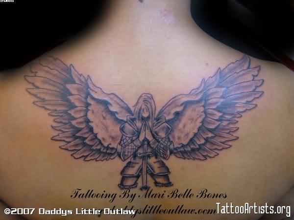 Fabulous Upper Back Guardian Angel Praying Tattoo