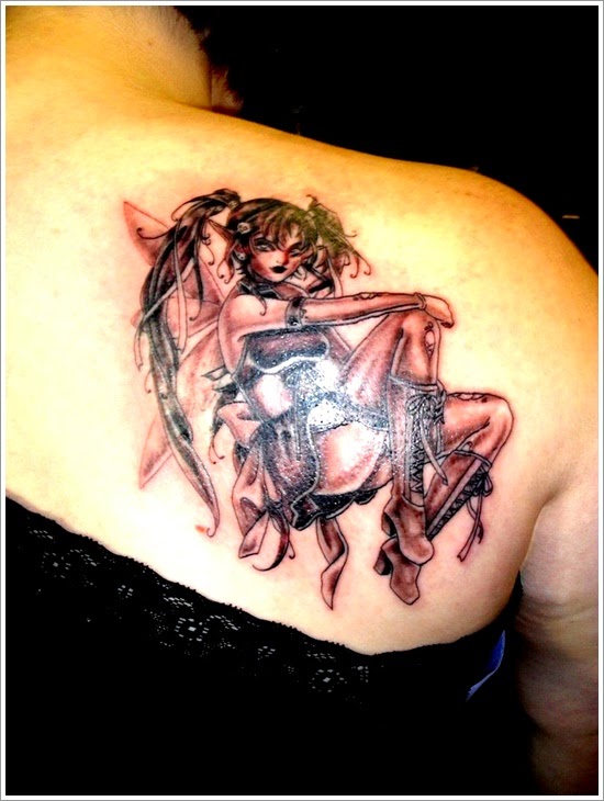 Fairy Pin Up Tattoo On Right Back Shoulder