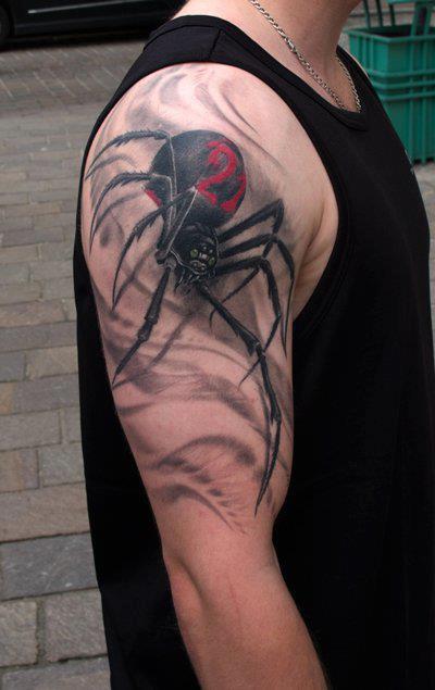 Fantastic 3D Black Widow Spider Tattoo On Right Half Sleeve