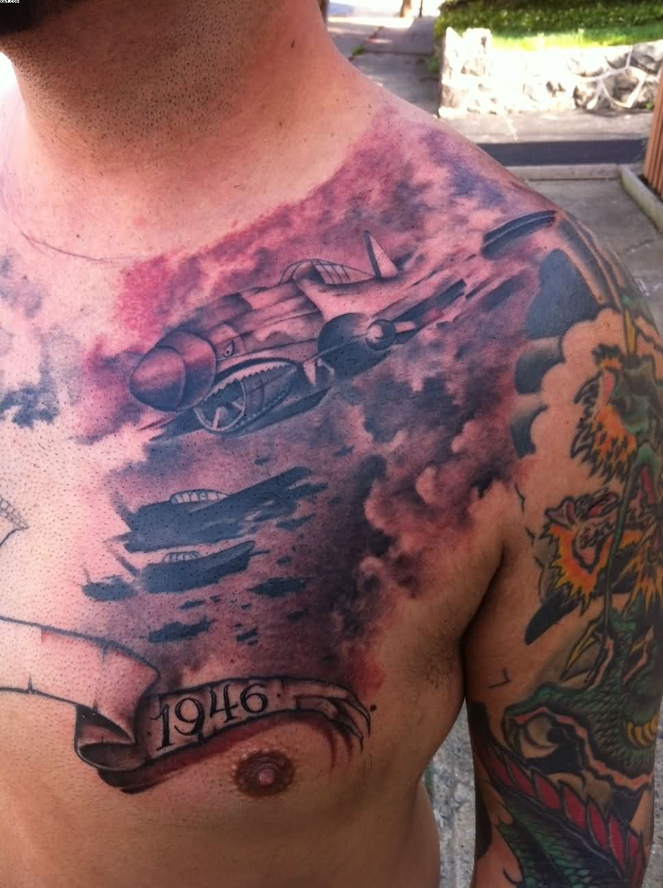 Fantastic Fighter Plane Western Tattoo On Chest To Shoulder