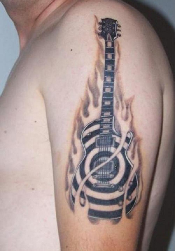 Flaming Spiral Guitar Tattoo On Upper Arm