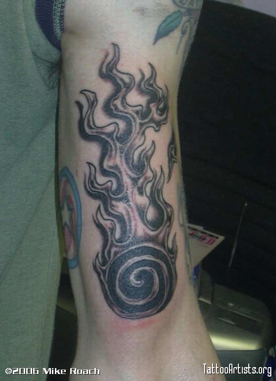 Flaming Spiral Tattoo On Half Sleeve