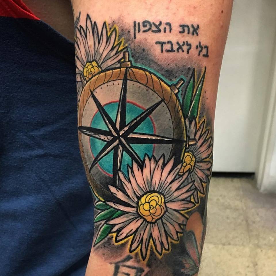 Flowers And Compass Tattoo On Left Sleeve by Gutti Canvasink Medellin