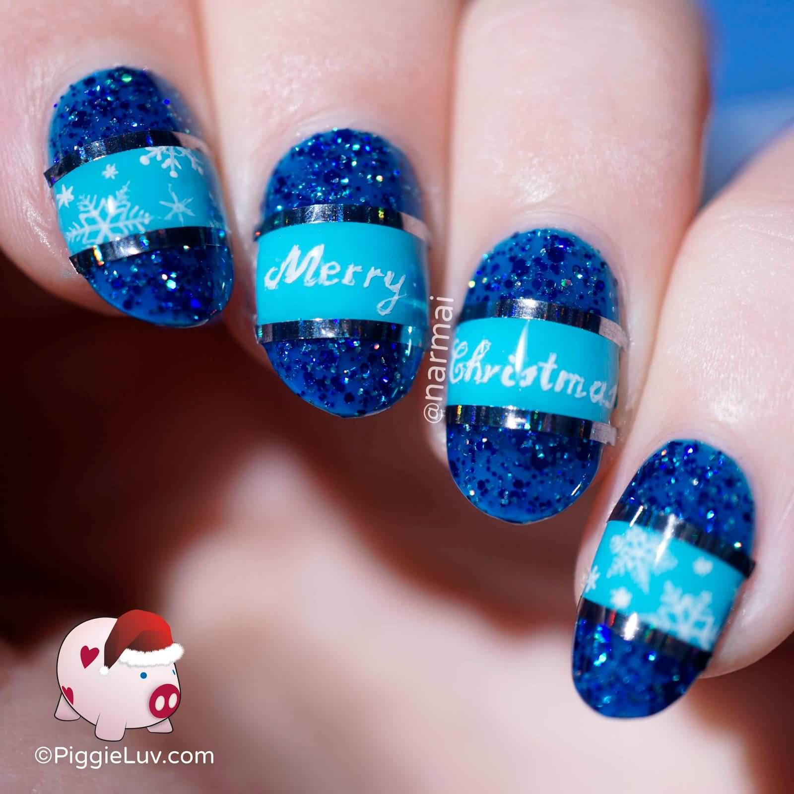Free Hand Blue Glitter Gel Christmas Nail Art