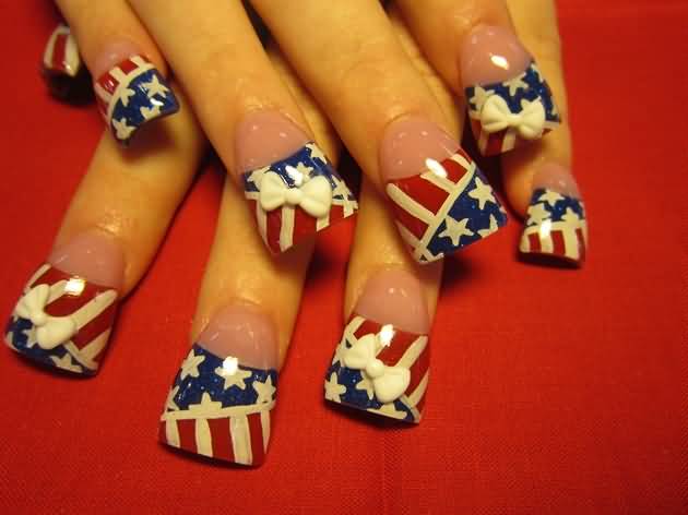 French Tip American Flag Nail Art With White 3D Bow Design Idea