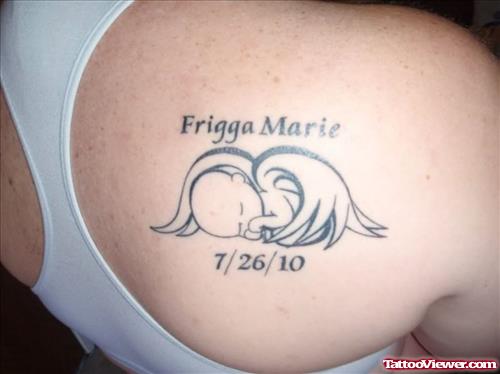 Frigga Marie Remembrance Tattoo For Baby Angel On Right Back Shoulder