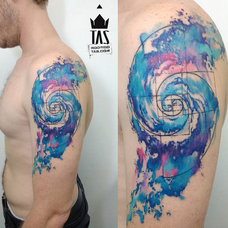Galaxy Spiral And Golden Ratio Tattoo On Left Half Sleeve For Men