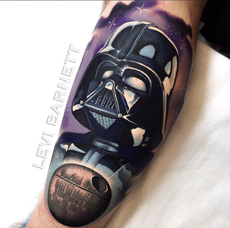 Gas mask tattoo on arm by Levi Barnett 2