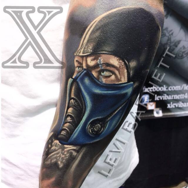 Gas mask tattoo on arm by Levi Barnett