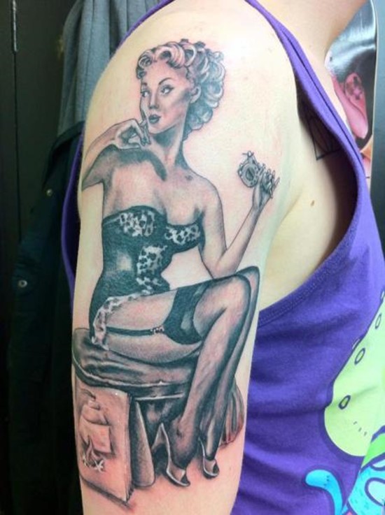 Girl Shoulder Pin Up Girl Sitting Tattoo