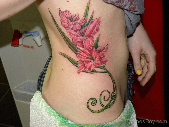Gladiolus Flower Tattoo On Side Rib For Girls