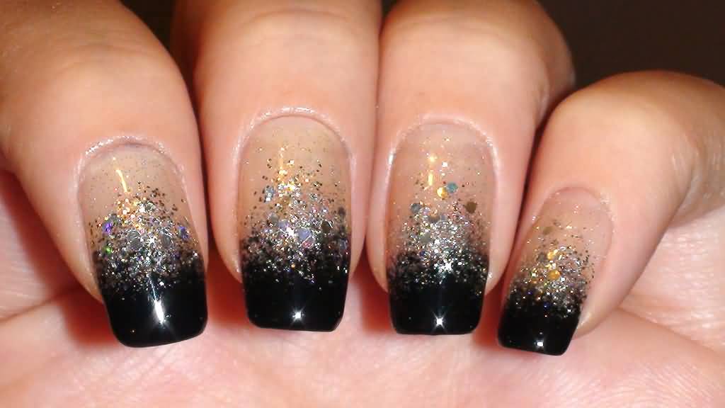 Glitter And Black Tip Gradient Nail Art