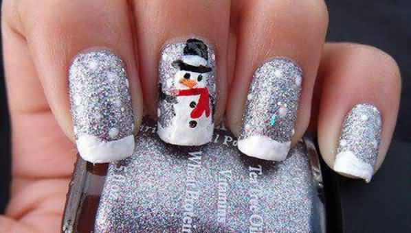 Glitter Base Nails With Accent Snowflakes Design Christmas Nail Art