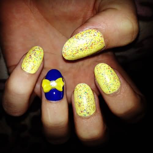 Glossy Blue Accent Nails With Yellow 3D Bow Design Nail Art