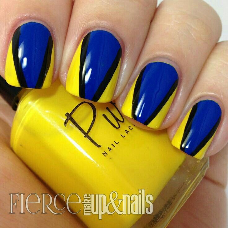 Glossy Blue And Yellow Nail Art Design