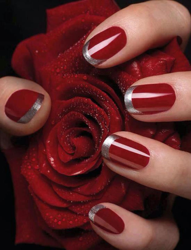 Glossy Red And Silver Tip Nail Art