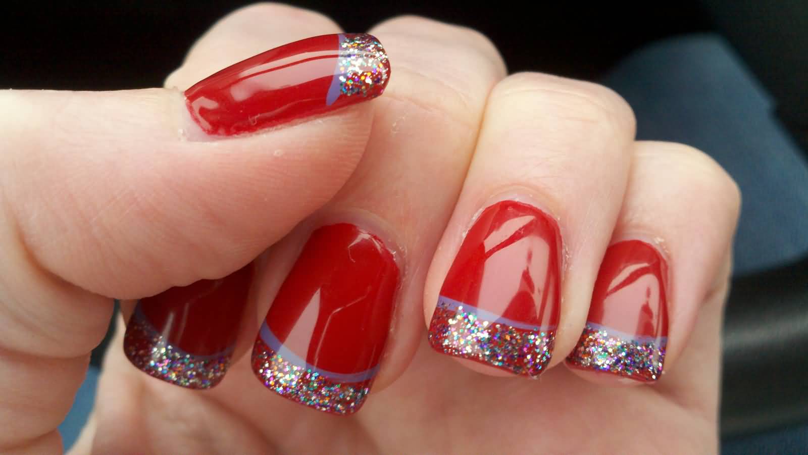 Glossy Red And Sparkle Tip Nail Art