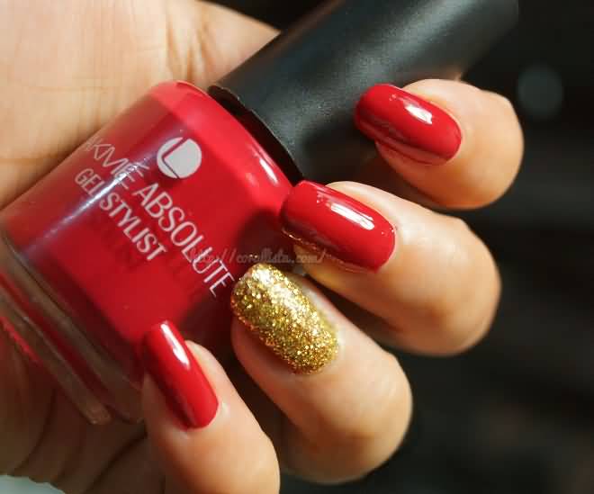 Glossy Red Nails With Accent Gold Glitter Nail Art