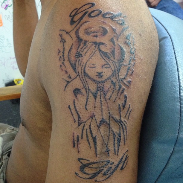 God Gift Praying Angel Tattoo On Left Half Sleeve For Men