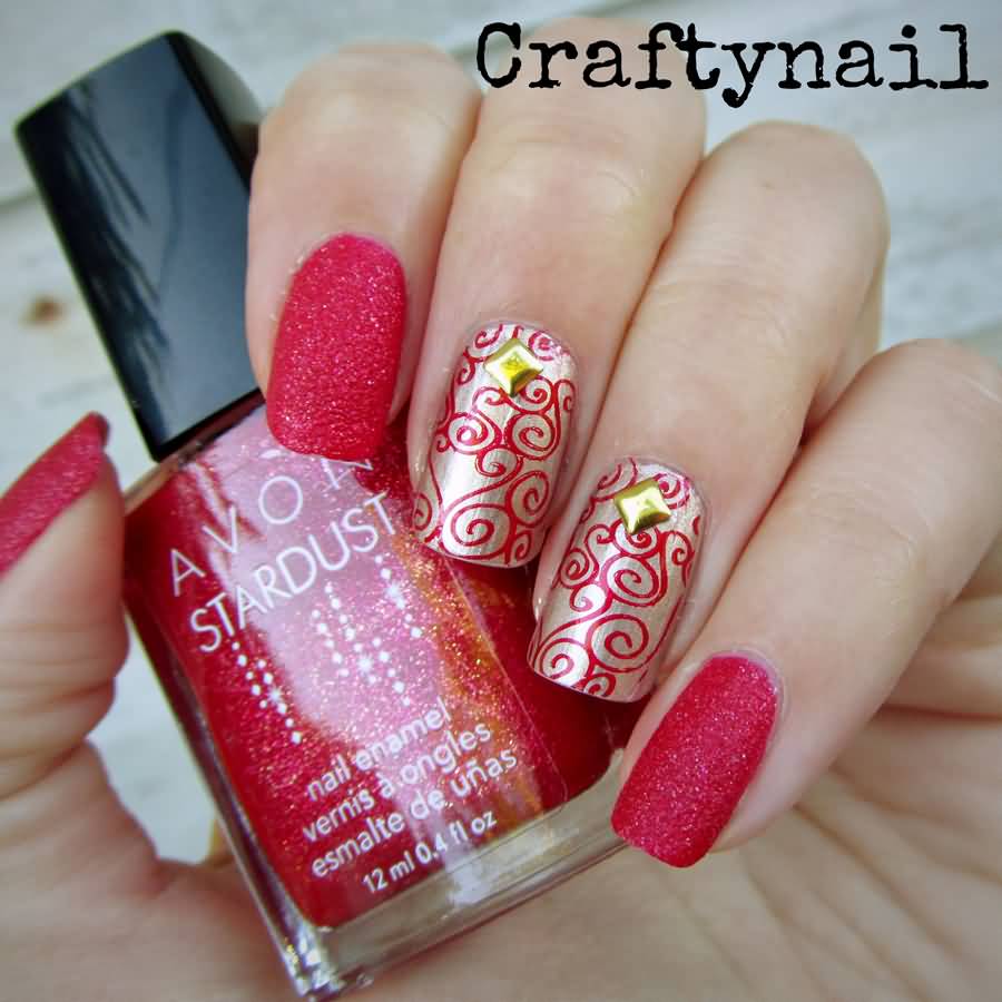Gold Base Nails With Red Swirls Design Nail Art