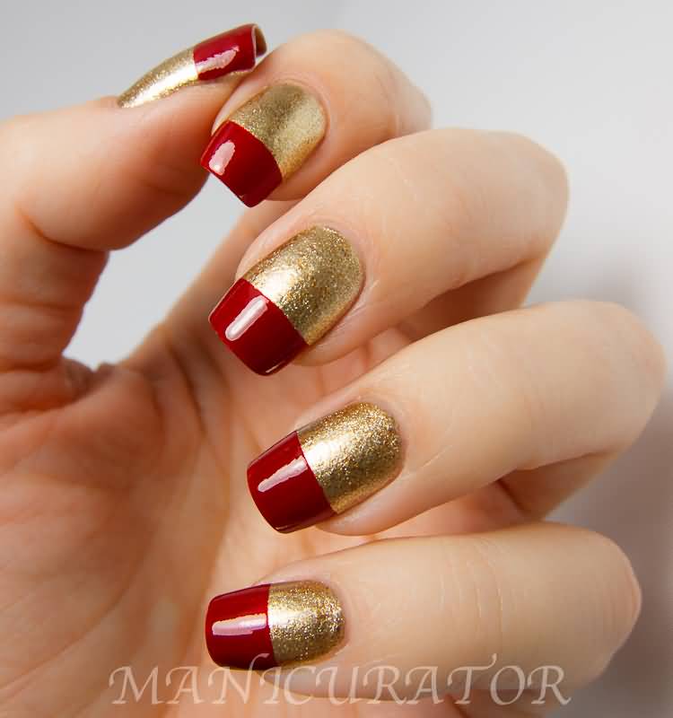 Gold Nails With Red Tip Nail Art