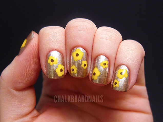 Golden Nails And Yellow Flowers  Nail Art