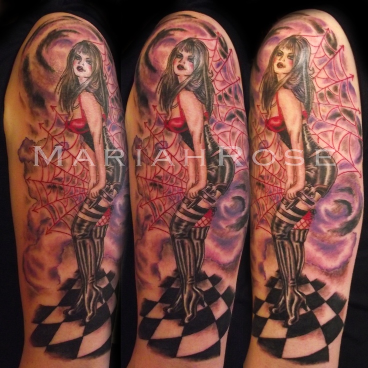 Goth Pin Up Girl Tattoo On Left Half Sleeve