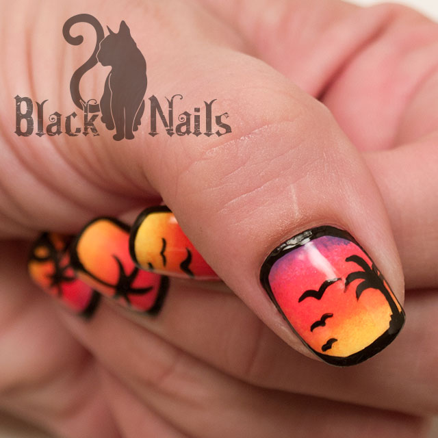 Gradient Sunset View With Palm Tree Design Nail Art