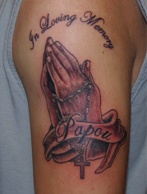 Great Praying Hands Remembrance Tattoo For Papa On Right Half Sleeve