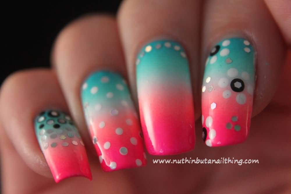 Green And Pink Gradient Nail Art With Glitter Dots Design