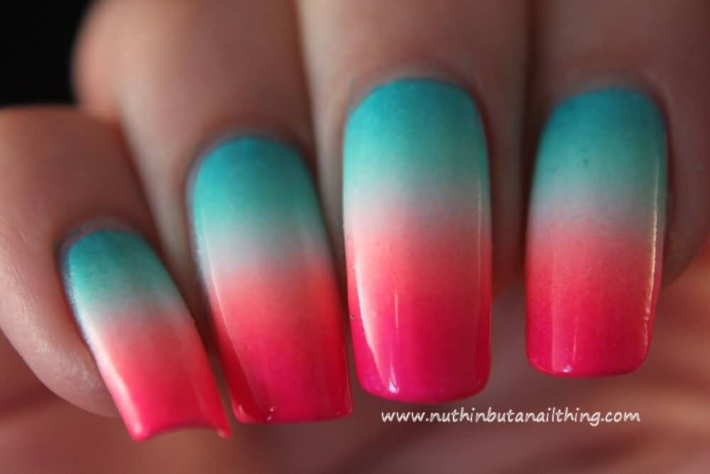 Green And Pink Gradient Nail Art