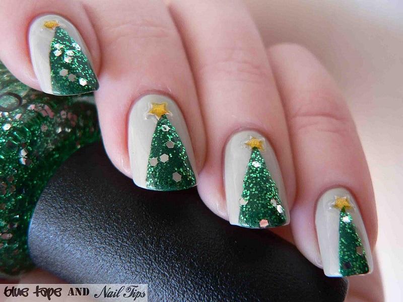 Green Glitter Christmas Tree Nail Art