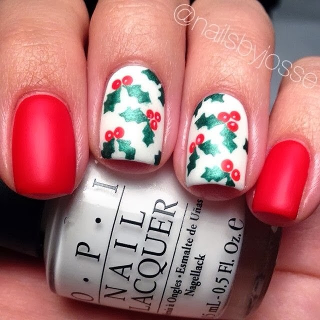 Green Leafs And Cherry Christmas Nail Art