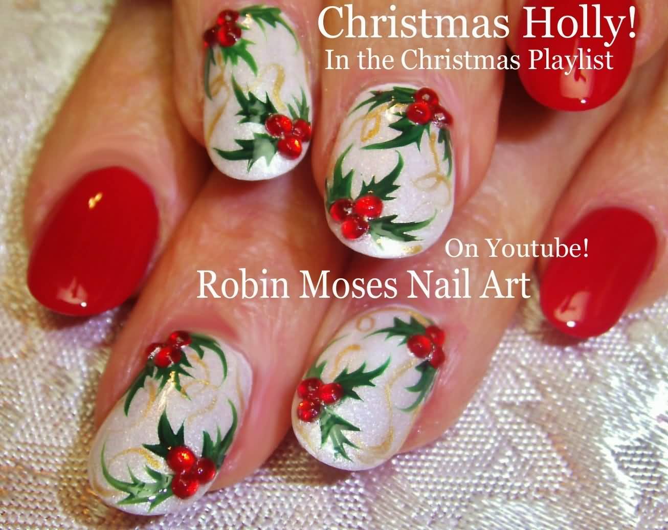 Green Leafs With Cherry Christmas Holly Nail Art