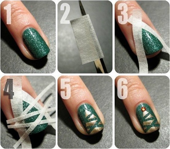 Green Nails With Gold Christmas Tree Nail Art