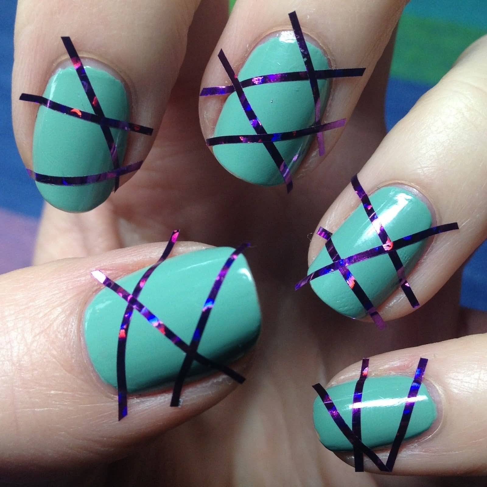 Green Nails With Purple Striping Tape Nail Art